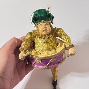 Mark Roberts Gold and Green Jester Drum Ornament VTG Whimsical Glitter Christma